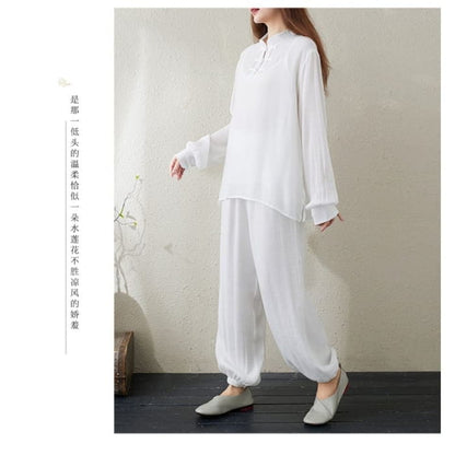 Set: Long-Sleeve Band Collar Plain Hanfu Top + Camisole