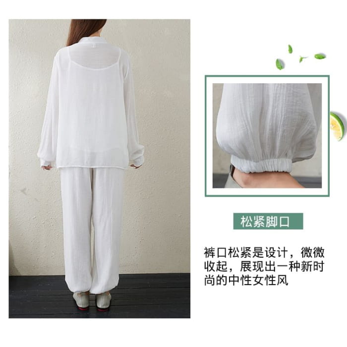 Set: Long-Sleeve Band Collar Plain Hanfu Top + Camisole