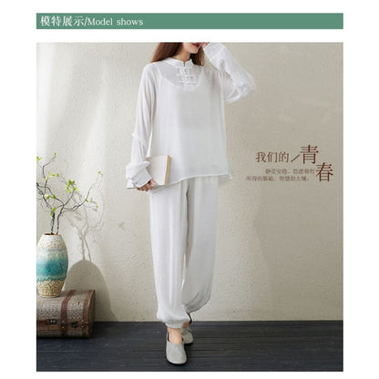 Set: Long-Sleeve Band Collar Plain Hanfu Top + Camisole