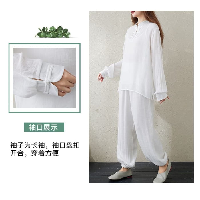 Set: Long-Sleeve Band Collar Plain Hanfu Top + Camisole