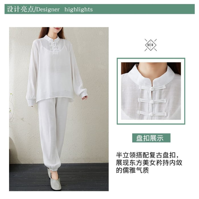 Set: Long-Sleeve Band Collar Plain Hanfu Top + Camisole