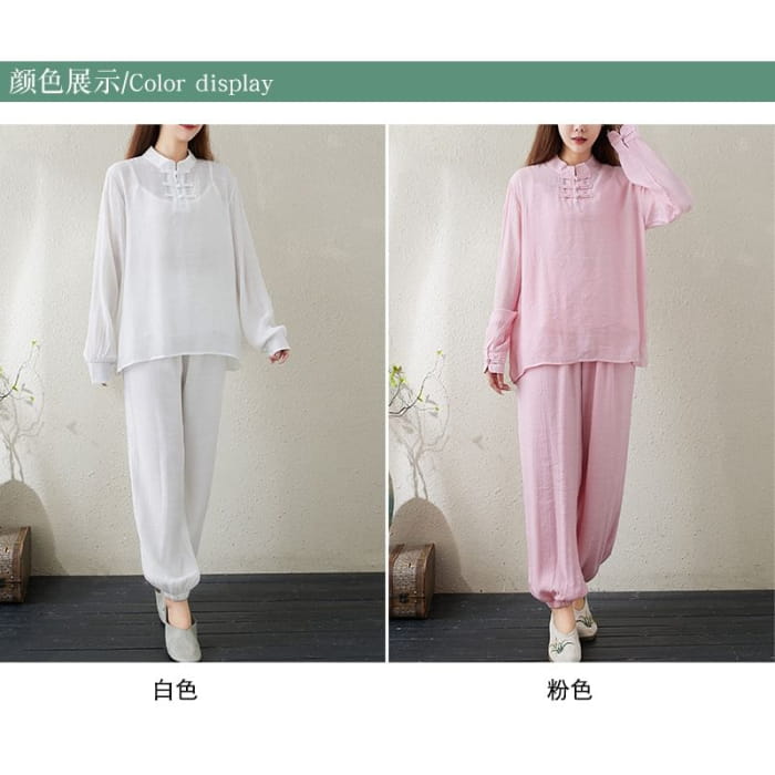 Set: Long-Sleeve Band Collar Plain Hanfu Top + Camisole