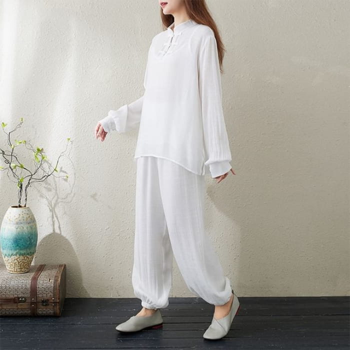 Set: Long-Sleeve Band Collar Plain Hanfu Top + Camisole