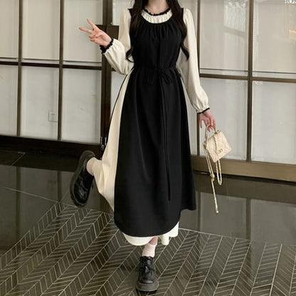 Set: Long-Sleeve Crew Neck Plain Midi A-Line Dress