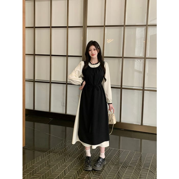 Set: Long-Sleeve Crew Neck Plain Midi A-Line Dress