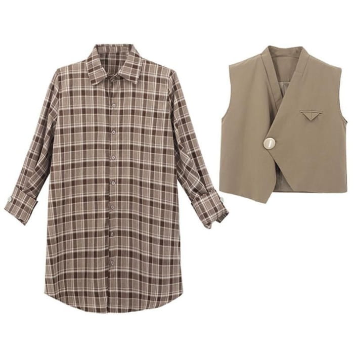 Set: Long Sleeve Plaid Shirtdress + V