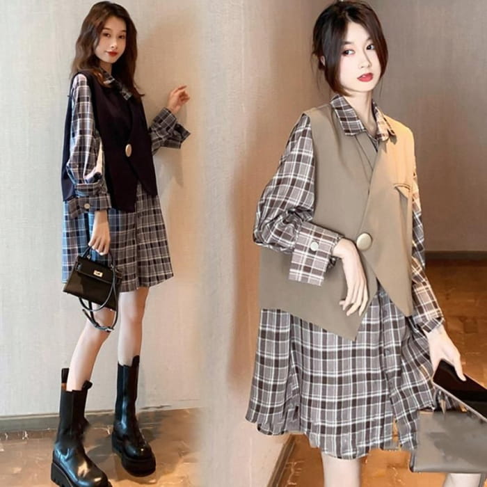 Set: Long Sleeve Plaid Shirtdress + V