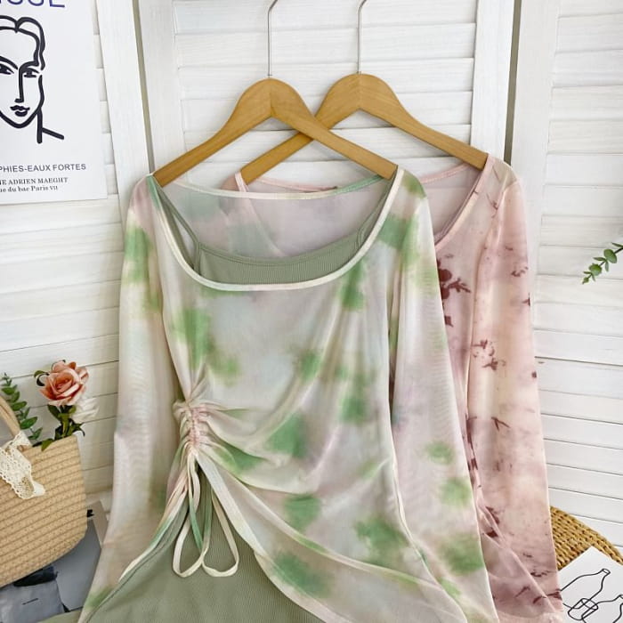 Set: Long-Sleeve Scoop Neck Tie Dye Drawstring Asymmetrical