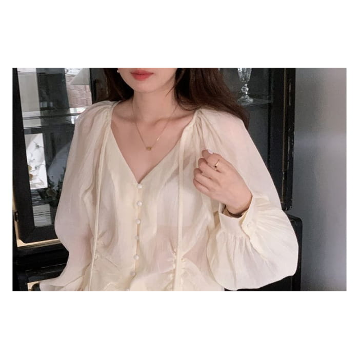 Set: Long-Sleeve V-Neck Drawstring Blouse + High Waist Wide