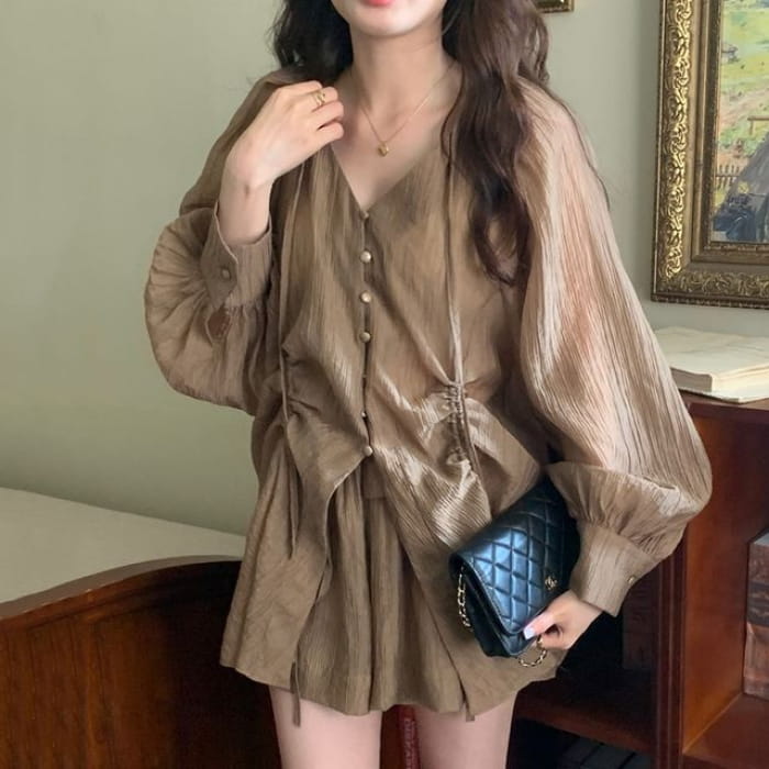 Set: Long-Sleeve V-Neck Drawstring Blouse + High Waist Wide