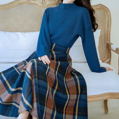 Set: Mock Neck Plain Sweater + Plaid Midi