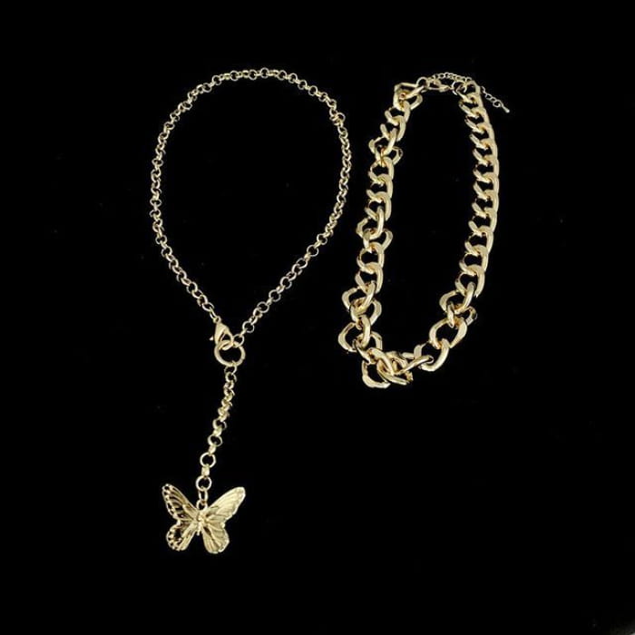 Set of 2: Butterfly Chain Necklace + Chunky - Gold