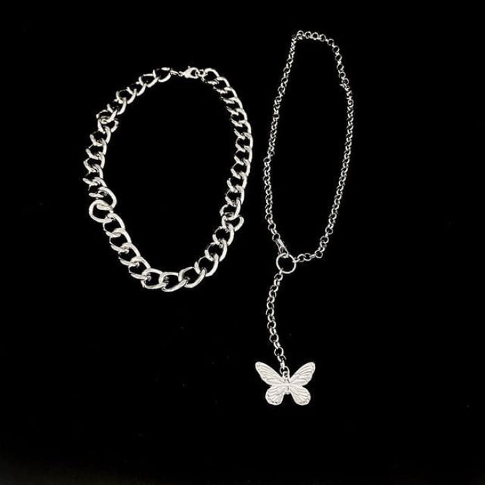 Set of 2: Butterfly Chain Necklace + Chunky - Silver