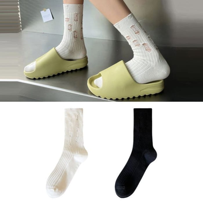 Set of 2 Pairs: Plain Ribbed Distressed Socks - Pairs