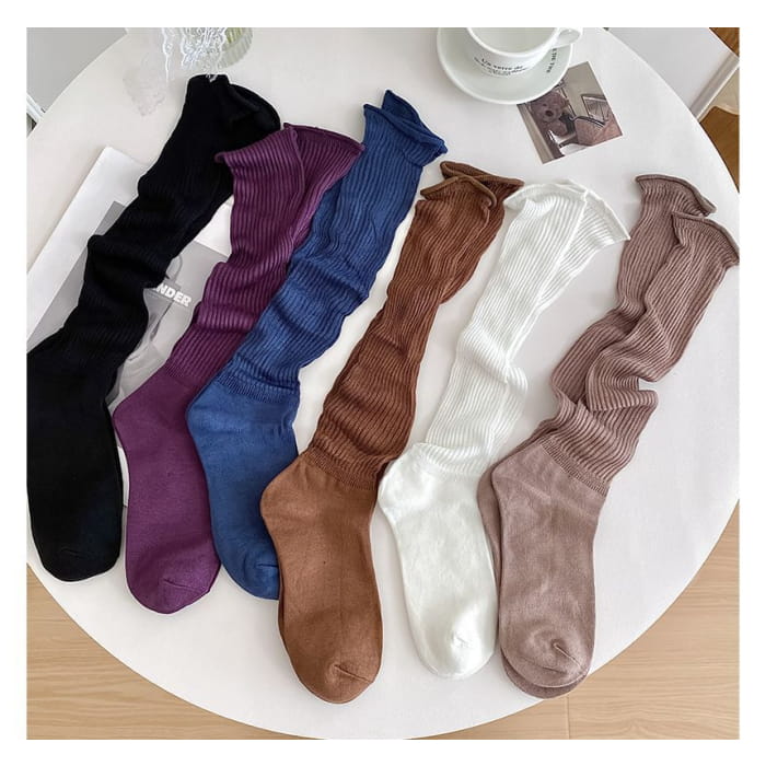 Set of 2 Pairs: Plain Ribbed Shirred Tall Socks