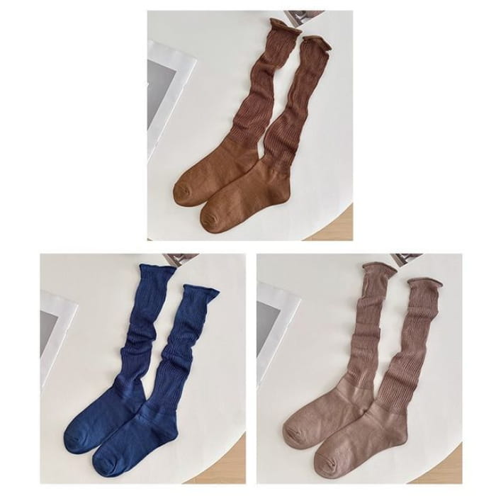 Set of 2 Pairs: Plain Ribbed Shirred Tall Socks - 3 Pairs