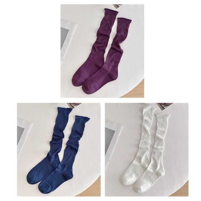 Set of 2 Pairs: Plain Ribbed Shirred Tall Socks - 3 Pairs