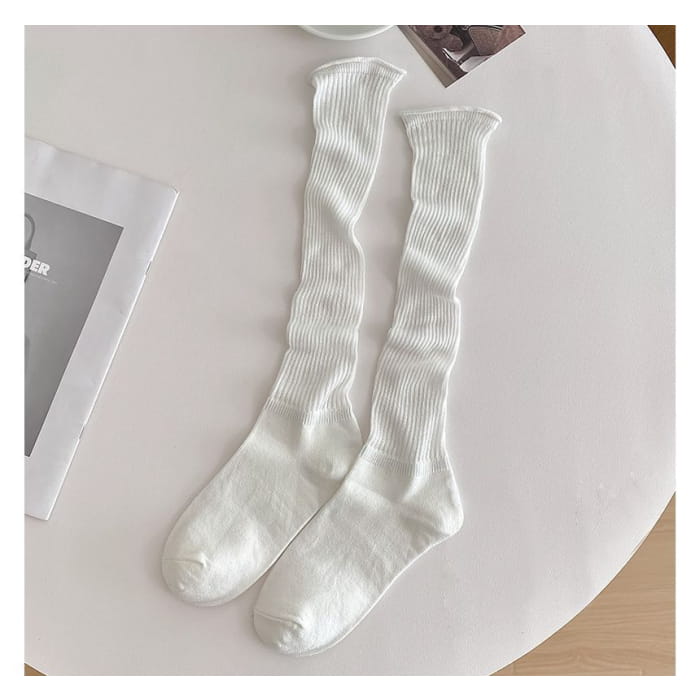 Set of 2 Pairs: Plain Ribbed Shirred Tall Socks