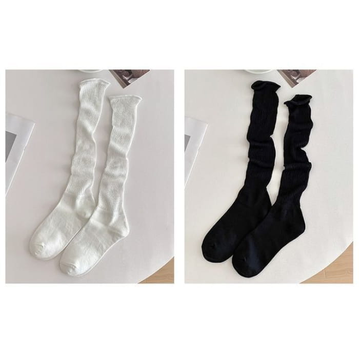 Set of 2 Pairs: Plain Ribbed Shirred Tall Socks - Pairs