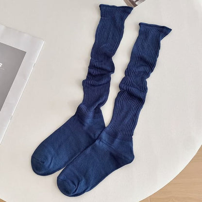 Set of 2 Pairs: Plain Ribbed Shirred Tall Socks - Pairs