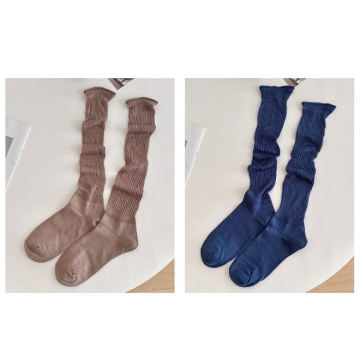 Set of 2 Pairs: Plain Ribbed Shirred Tall Socks - Pairs