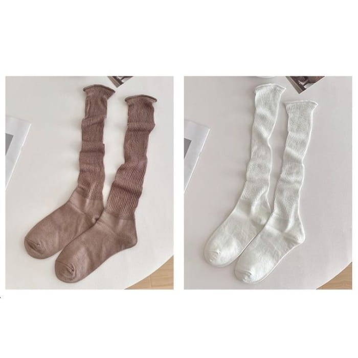 Set of 2 Pairs: Plain Ribbed Shirred Tall Socks - Pairs