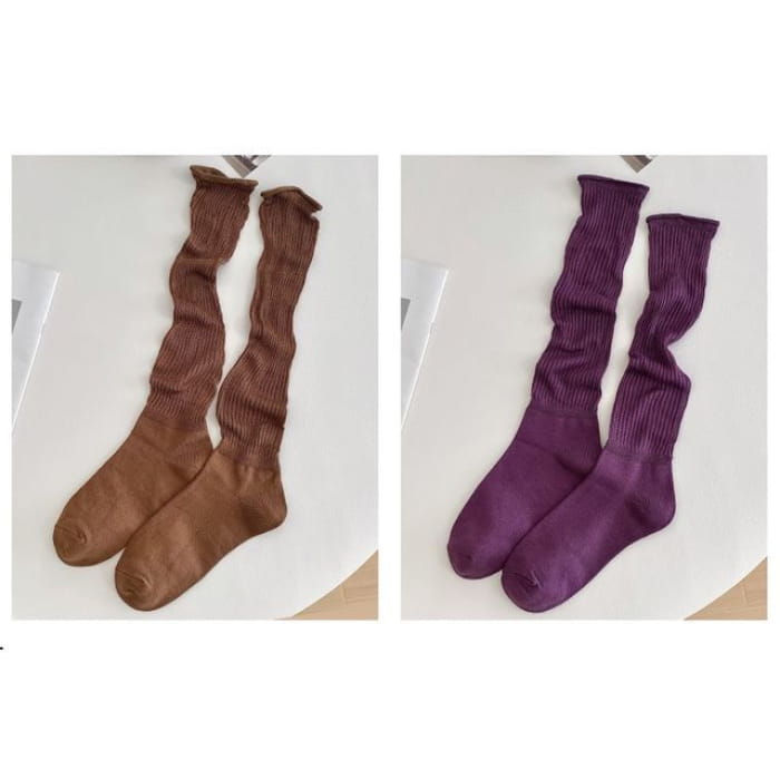 Set of 2 Pairs: Plain Ribbed Shirred Tall Socks - Pairs