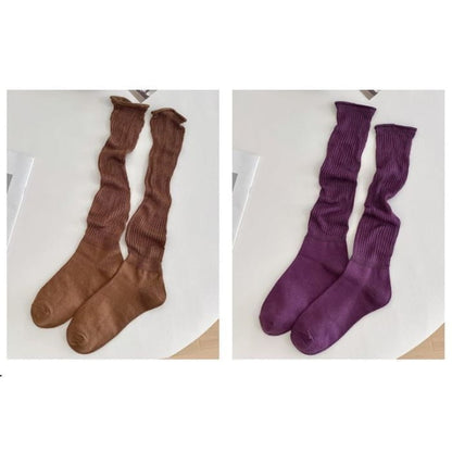 Set of 2 Pairs: Plain Ribbed Shirred Tall Socks - Pairs