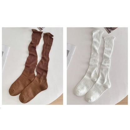 Set of 2 Pairs: Plain Ribbed Shirred Tall Socks - Pairs