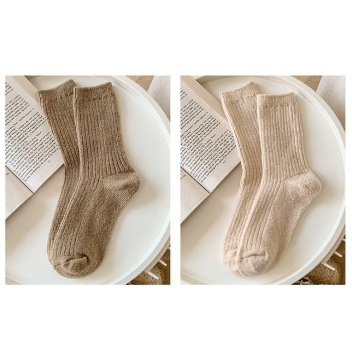 Set of 2 Pairs: Plain Ribbed Socks - Pairs - Camel & Khaki