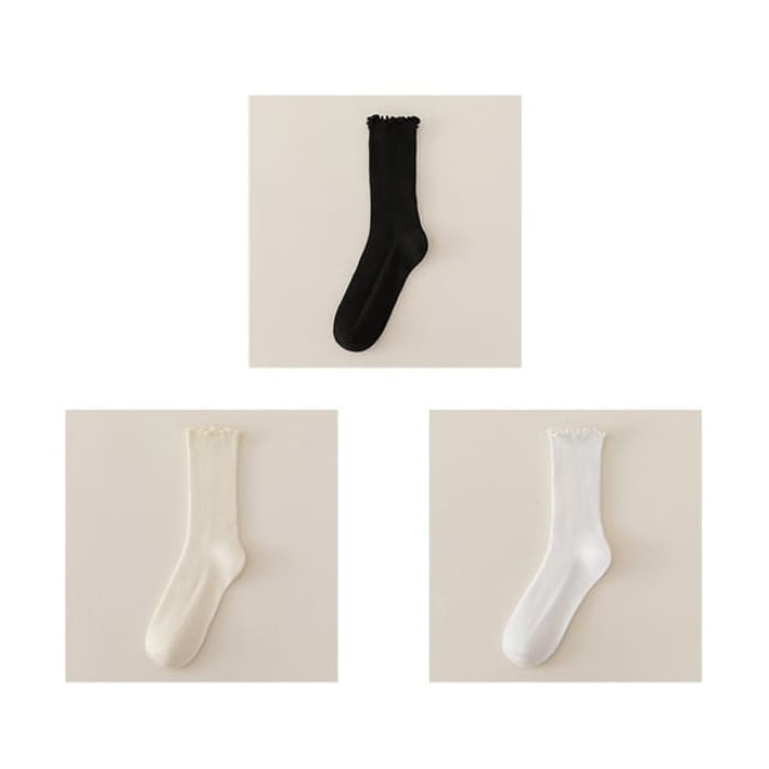 Set of 2 Paris: Plain Ribbed Ruffle Trim Socks - 3 Pair