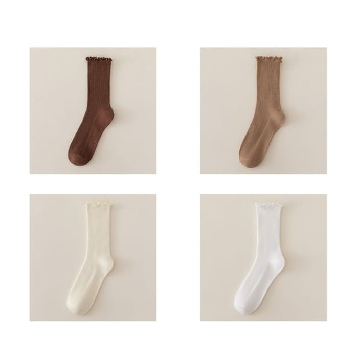 Set of 2 Paris: Plain Ribbed Ruffle Trim Socks - 4 Pair