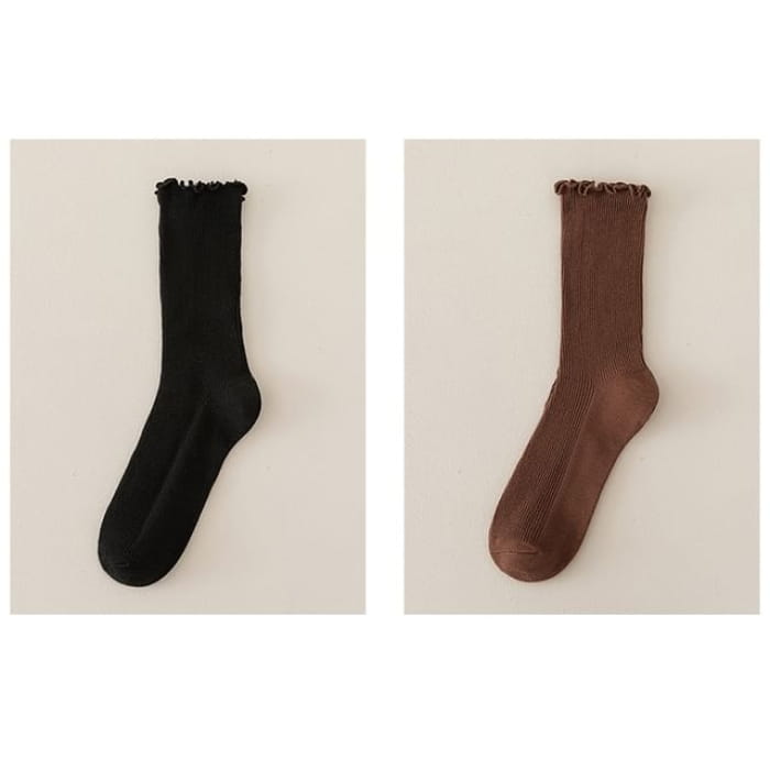 Set of 2 Paris: Plain Ribbed Ruffle Trim Socks - Pair