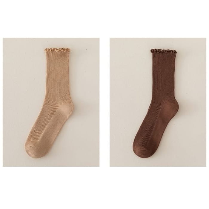 Set of 2 Paris: Plain Ribbed Ruffle Trim Socks - Pair