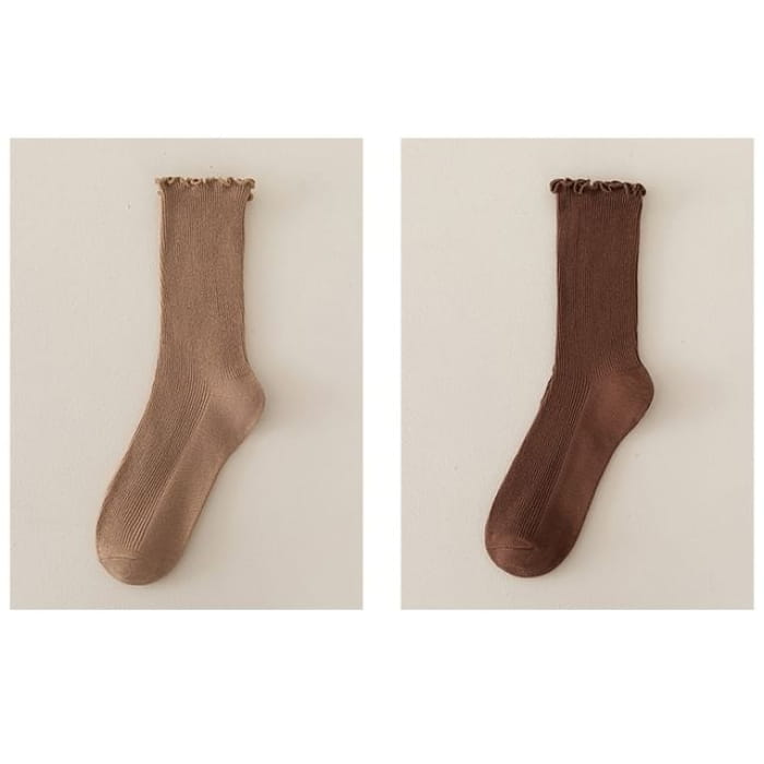 Set of 2 Paris: Plain Ribbed Ruffle Trim Socks - Pair