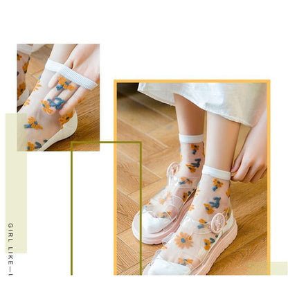 Set Of 3 Pairs: Floral Print Mesh Socks