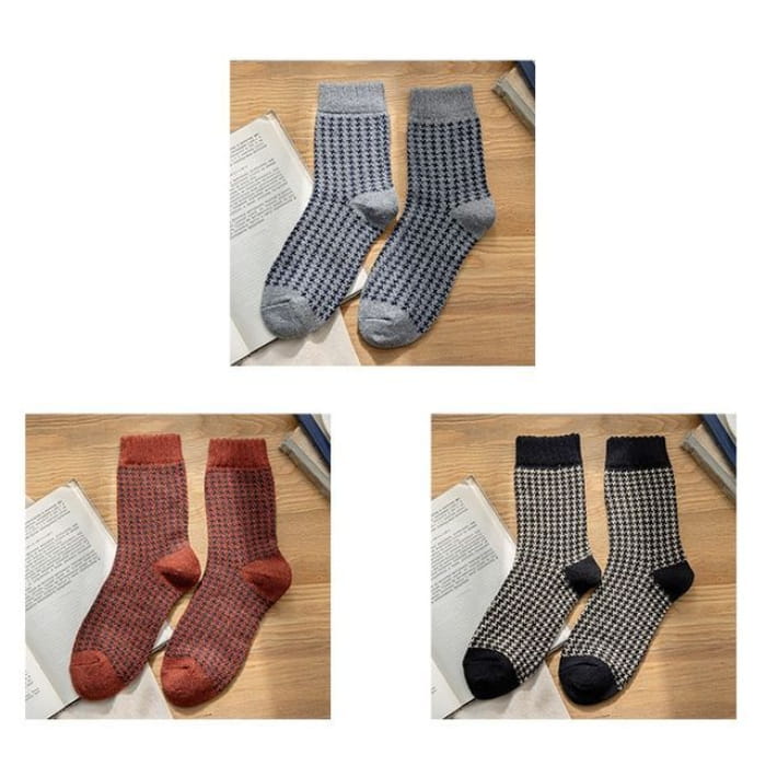 Set of 3 Pairs: Houndstooth Socks - Pairs - Gray & Red