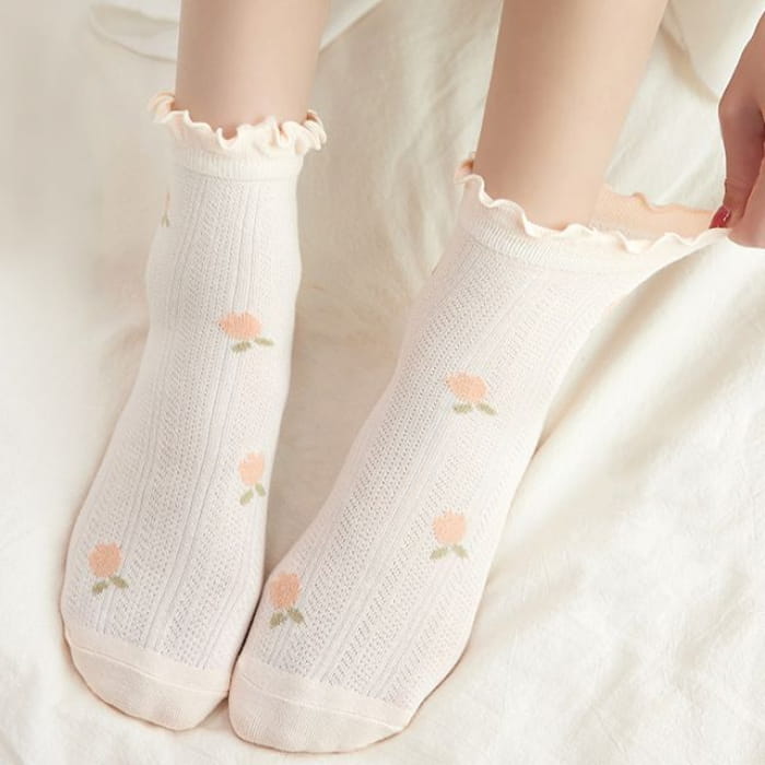 Set of 4 Pairs: Floral Print Lettuce Edge Socks