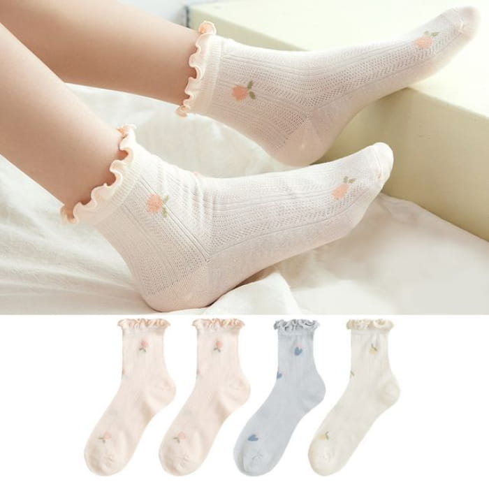 Set of 4 Pairs: Floral Print Lettuce Edge Socks - Pairs