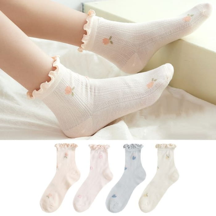 Set of 4 Pairs: Floral Print Lettuce Edge Socks - Pairs