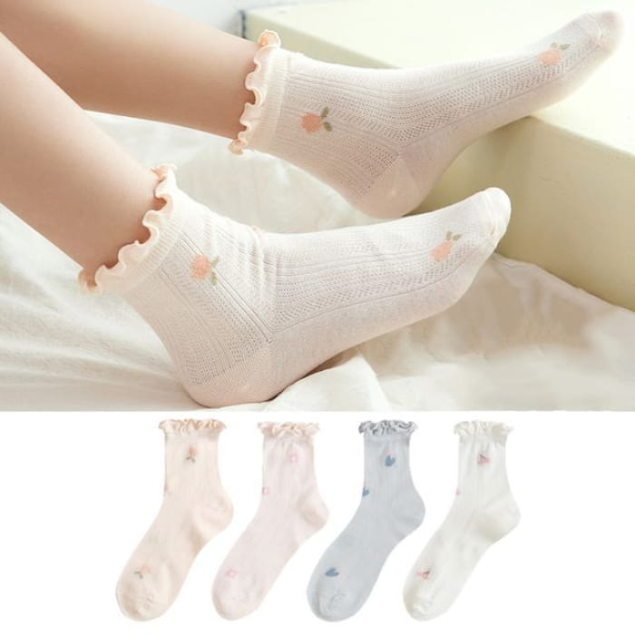 Set of 4 Pairs: Floral Print Lettuce Edge Socks - Pairs