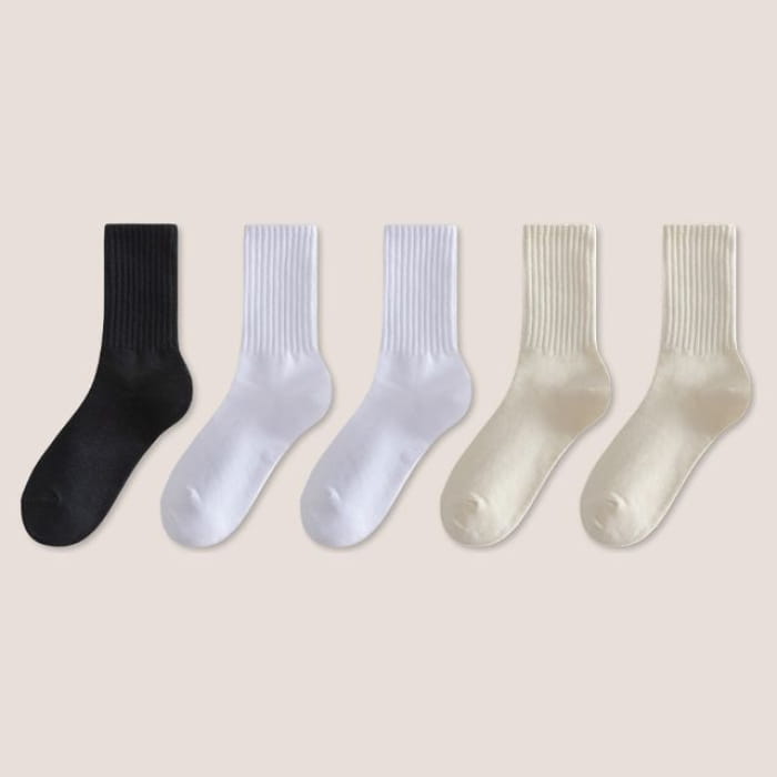 Set of 5: Plain Ribbed Socks - Of 5 Pairs - 1 Pair Black &