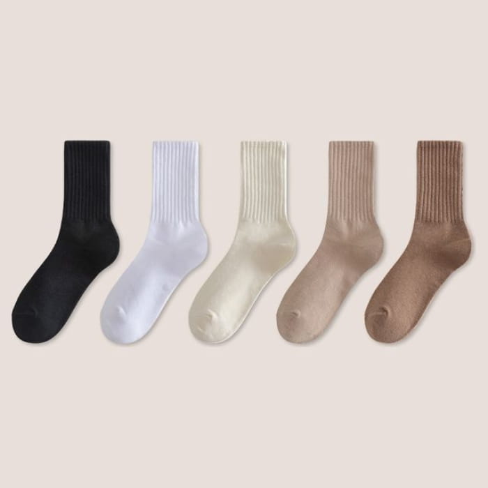 Set of 5: Plain Ribbed Socks - Of 5 Pairs - Black & White