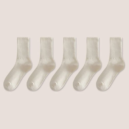 Set of 5: Plain Ribbed Socks - Of 5 Pairs - Off-White