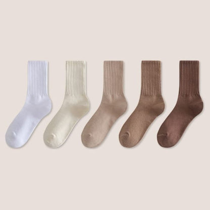 Set of 5: Plain Ribbed Socks - Of 5 Pairs - White &