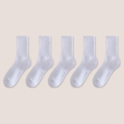 Set of 5: Plain Ribbed Socks - Of 5 Pairs - White / One Size