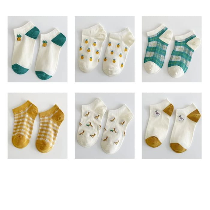 Set Of 6 Pairs: Jacquard Socks - Pairs - Pineapple &