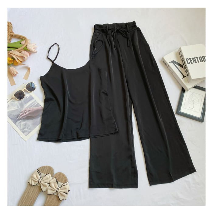 Set: Plain Camisole Top + High Waist Wide Leg Pants