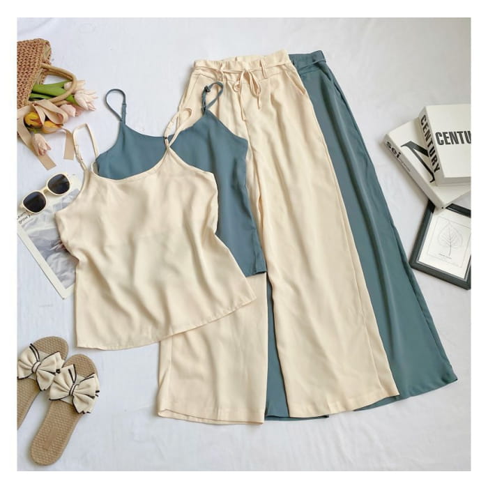 Set: Plain Camisole Top + High Waist Wide Leg Pants