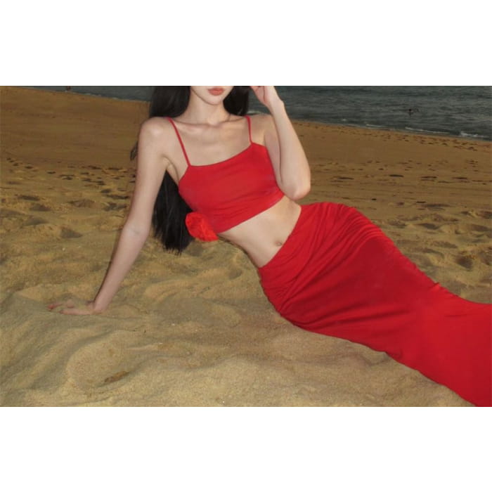 Set: Plain Crop Cami Top + Mid Waist Maxi Fishtail Skirt